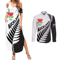 New Zealand Auckland Couples Matching Summer Maxi Dress and Long Sleeve Button Shirt Auckland's Emblem and Silver Ferns - Maori Art Tattoo LT03 Light Blue - Polynesian Pride