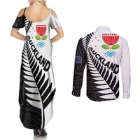 New Zealand Auckland Couples Matching Summer Maxi Dress and Long Sleeve Button Shirt Auckland's Emblem and Silver Ferns - Maori Art Tattoo LT03 - Polynesian Pride