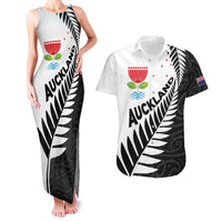 New Zealand Auckland Couples Matching Tank Maxi Dress and Hawaiian Shirt Auckland's Emblem and Silver Ferns - Maori Art Tattoo LT03 Light Blue - Polynesian Pride