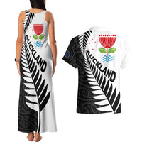 New Zealand Auckland Couples Matching Tank Maxi Dress and Hawaiian Shirt Auckland's Emblem and Silver Ferns - Maori Art Tattoo LT03 - Polynesian Pride