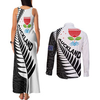 New Zealand Auckland Couples Matching Tank Maxi Dress and Long Sleeve Button Shirt Auckland's Emblem and Silver Ferns - Maori Art Tattoo LT03 - Polynesian Pride