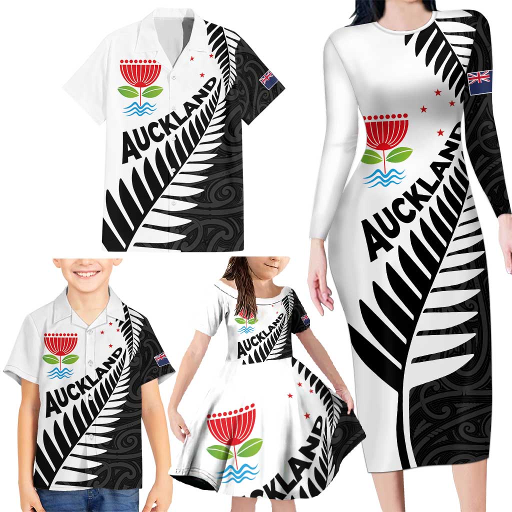 New Zealand Auckland Family Matching Long Sleeve Bodycon Dress and Hawaiian Shirt Auckland's Emblem and Silver Ferns - Maori Art Tattoo LT03 - Polynesian Pride