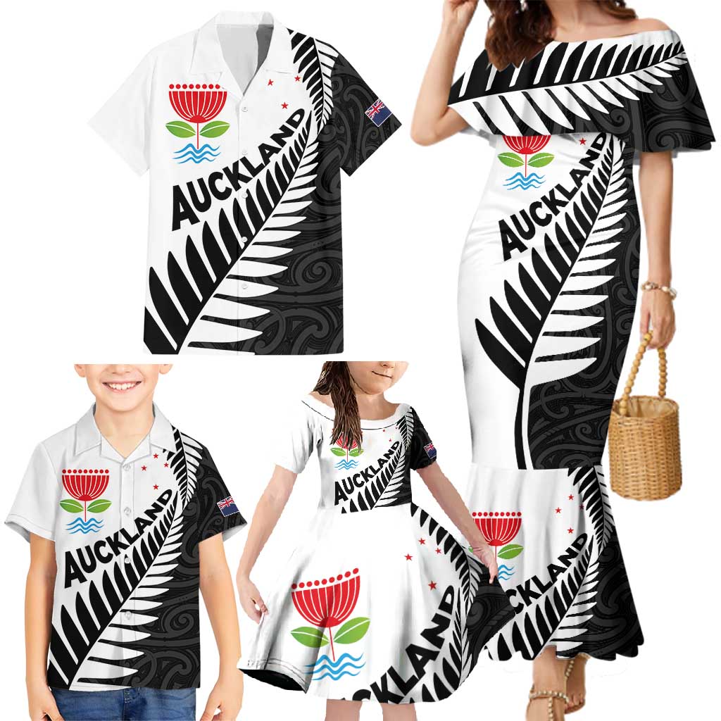 New Zealand Auckland Family Matching Mermaid Dress and Hawaiian Shirt Auckland's Emblem and Silver Ferns - Maori Art Tattoo LT03 - Polynesian Pride