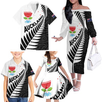 New Zealand Auckland Family Matching Off The Shoulder Long Sleeve Dress and Hawaiian Shirt Auckland's Emblem and Silver Ferns - Maori Art Tattoo LT03 - Polynesian Pride