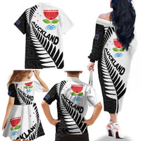 New Zealand Auckland Family Matching Off The Shoulder Long Sleeve Dress and Hawaiian Shirt Auckland's Emblem and Silver Ferns - Maori Art Tattoo LT03 - Polynesian Pride