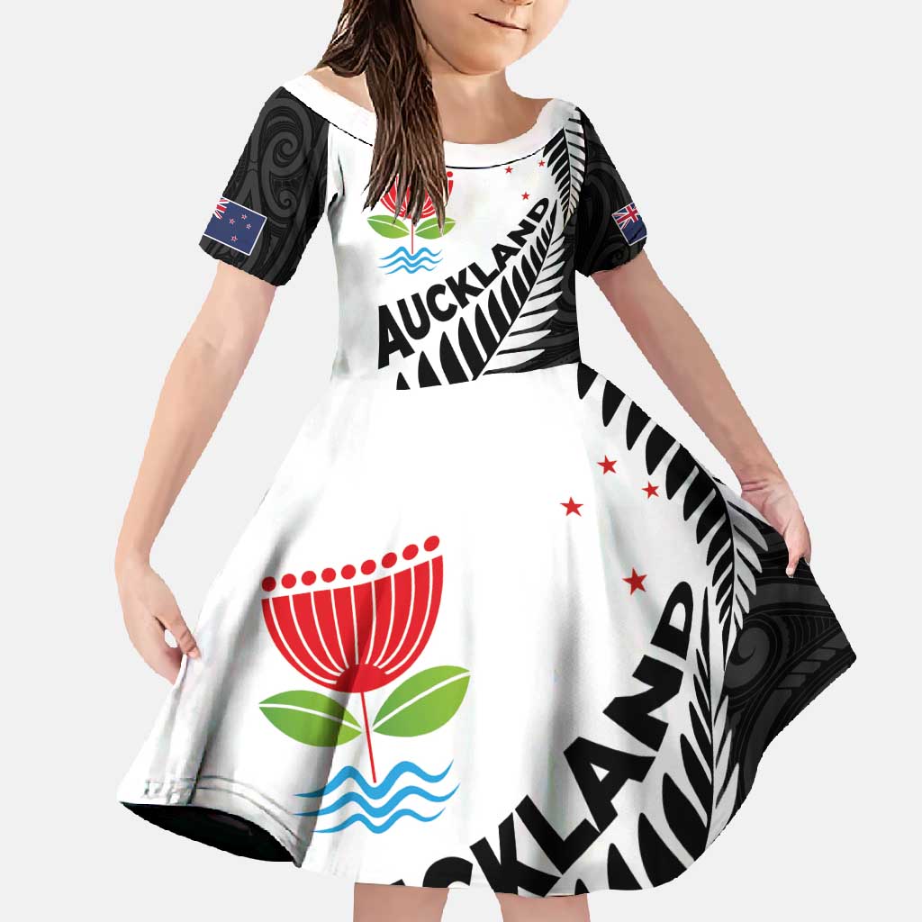 New Zealand Auckland Family Matching Off Shoulder Maxi Dress and Hawaiian Shirt Auckland's Emblem and Silver Ferns - Maori Art Tattoo LT03 Daughter's Dress Light Blue - Polynesian Pride