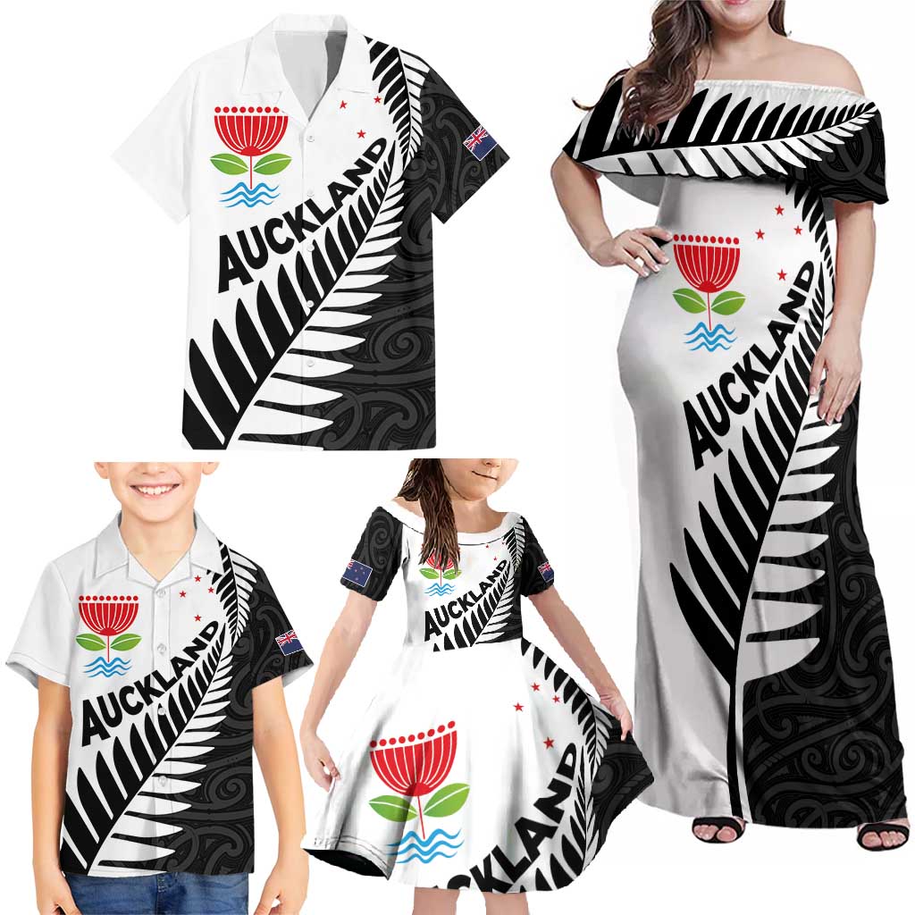 New Zealand Auckland Family Matching Off Shoulder Maxi Dress and Hawaiian Shirt Auckland's Emblem and Silver Ferns - Maori Art Tattoo LT03 - Polynesian Pride