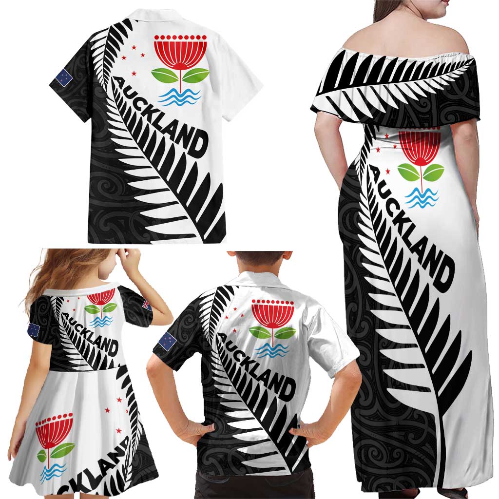 New Zealand Auckland Family Matching Off Shoulder Maxi Dress and Hawaiian Shirt Auckland's Emblem and Silver Ferns - Maori Art Tattoo LT03 - Polynesian Pride