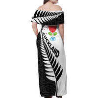 New Zealand Auckland Family Matching Off Shoulder Maxi Dress and Hawaiian Shirt Auckland's Emblem and Silver Ferns - Maori Art Tattoo LT03 - Polynesian Pride