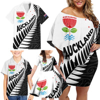 New Zealand Auckland Family Matching Off Shoulder Short Dress and Hawaiian Shirt Auckland's Emblem and Silver Ferns - Maori Art Tattoo LT03 - Polynesian Pride