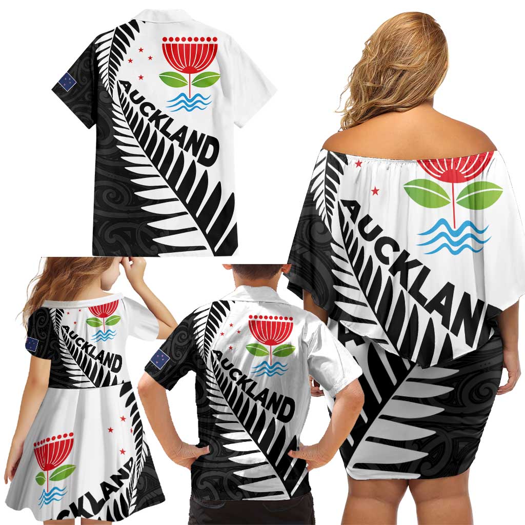 New Zealand Auckland Family Matching Off Shoulder Short Dress and Hawaiian Shirt Auckland's Emblem and Silver Ferns - Maori Art Tattoo LT03 - Polynesian Pride