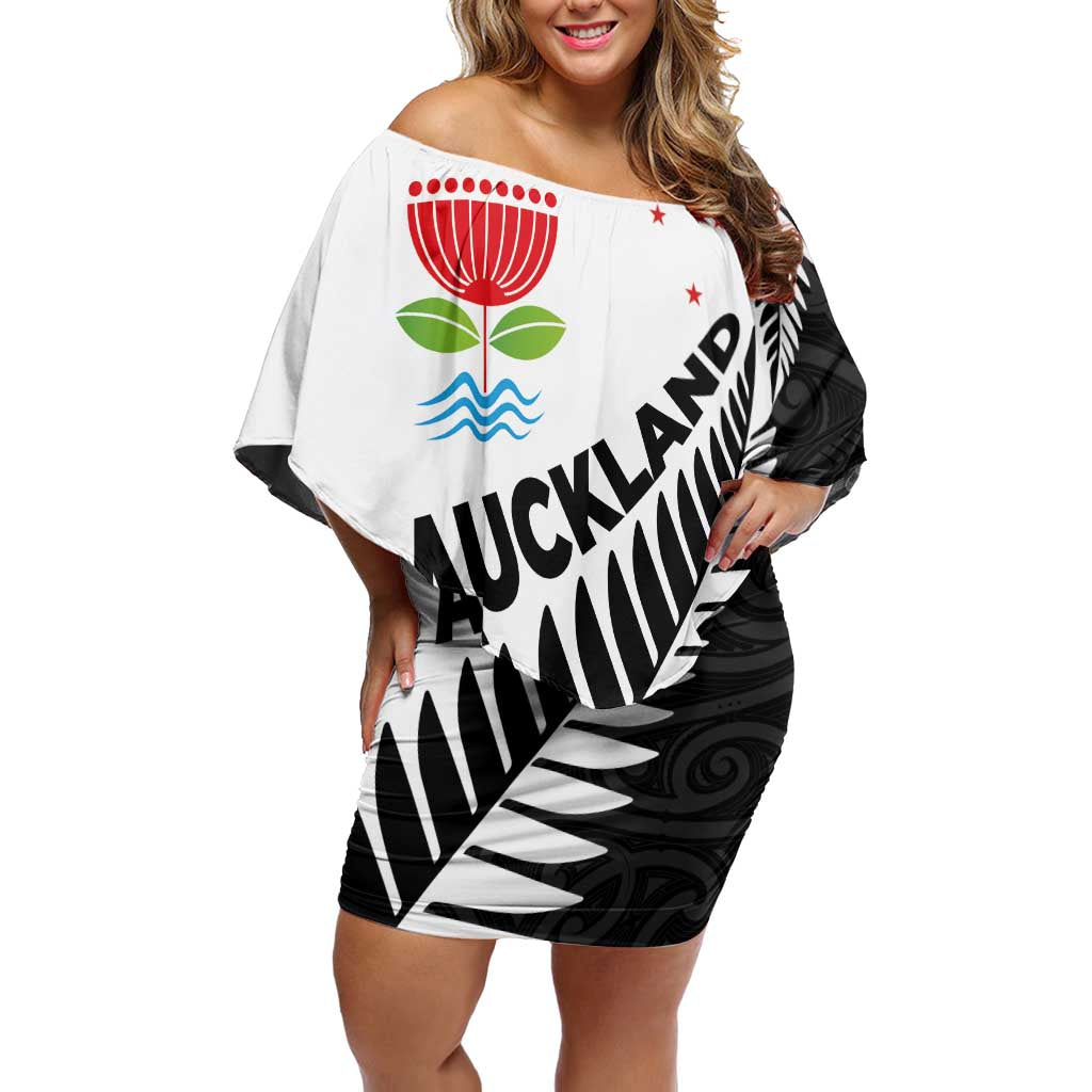 New Zealand Auckland Family Matching Off Shoulder Short Dress and Hawaiian Shirt Auckland's Emblem and Silver Ferns - Maori Art Tattoo LT03 Mom's Dress Light Blue - Polynesian Pride