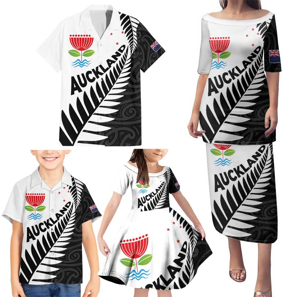 New Zealand Auckland Family Matching Puletasi and Hawaiian Shirt Auckland's Emblem and Silver Ferns - Maori Art Tattoo LT03 - Polynesian Pride