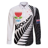 New Zealand Auckland Family Matching Puletasi and Hawaiian Shirt Auckland's Emblem and Silver Ferns - Maori Art Tattoo LT03 Dad's Shirt - Long Sleeve Light Blue - Polynesian Pride