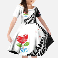 New Zealand Auckland Family Matching Tank Maxi Dress and Hawaiian Shirt Auckland's Emblem and Silver Ferns - Maori Art Tattoo LT03 Daughter's Dress Light Blue - Polynesian Pride