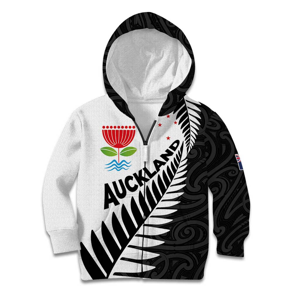 New Zealand Auckland Kid Hoodie Auckland's Emblem and Silver Ferns - Maori Art Tattoo LT03 Zip Hoodie Light Blue - Polynesian Pride