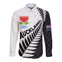 New Zealand Auckland Long Sleeve Button Shirt Auckland's Emblem and Silver Ferns - Maori Art Tattoo LT03 Unisex Light Blue - Polynesian Pride