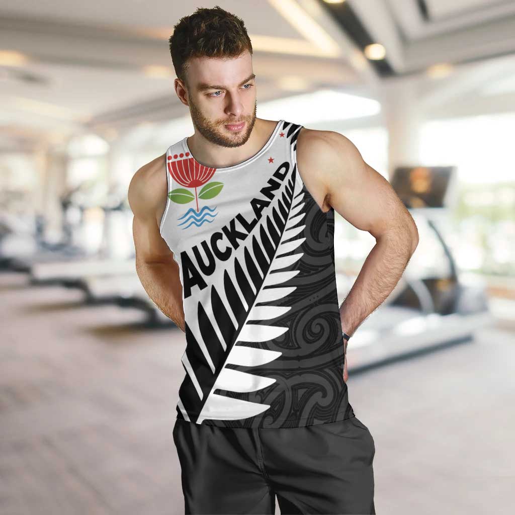 New Zealand Auckland Men Tank Top Auckland's Emblem and Silver Ferns - Maori Art Tattoo LT03 Light Blue - Polynesian Pride