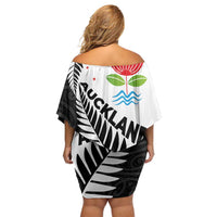 New Zealand Auckland Off Shoulder Short Dress Auckland's Emblem and Silver Ferns - Maori Art Tattoo LT03 - Polynesian Pride