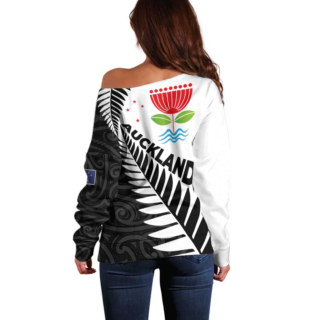 New Zealand Auckland Off Shoulder Sweater Auckland's Emblem and Silver Ferns - Maori Art Tattoo LT03 - Polynesian Pride