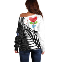 New Zealand Auckland Off Shoulder Sweater Auckland's Emblem and Silver Ferns - Maori Art Tattoo LT03 - Polynesian Pride