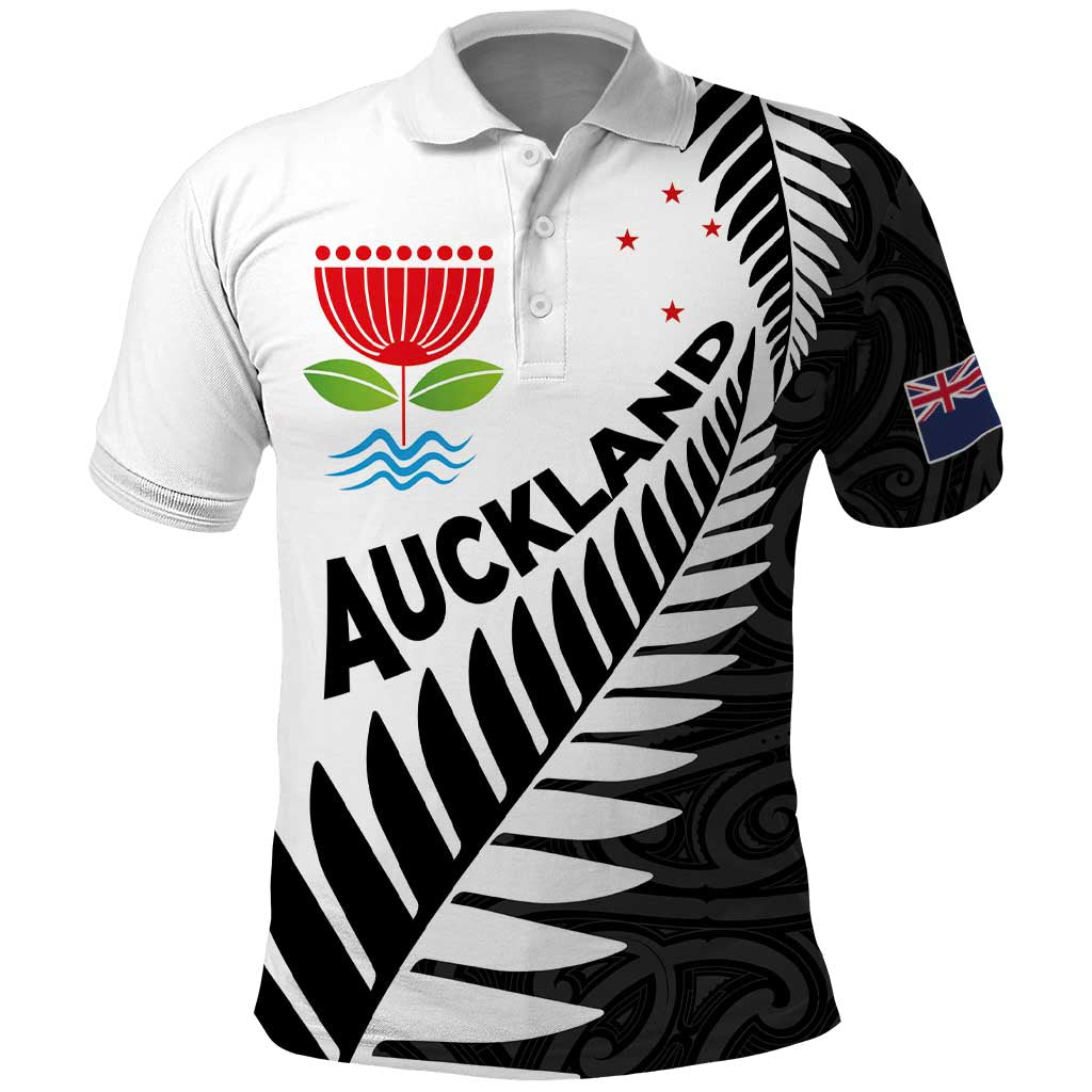 New Zealand Auckland Polo Shirt Auckland's Emblem and Silver Ferns - Maori Art Tattoo LT03 Light Blue - Polynesian Pride