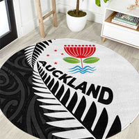 New Zealand Auckland Round Carpet Auckland's Emblem and Silver Ferns - Maori Art Tattoo LT03 Light Blue - Polynesian Pride