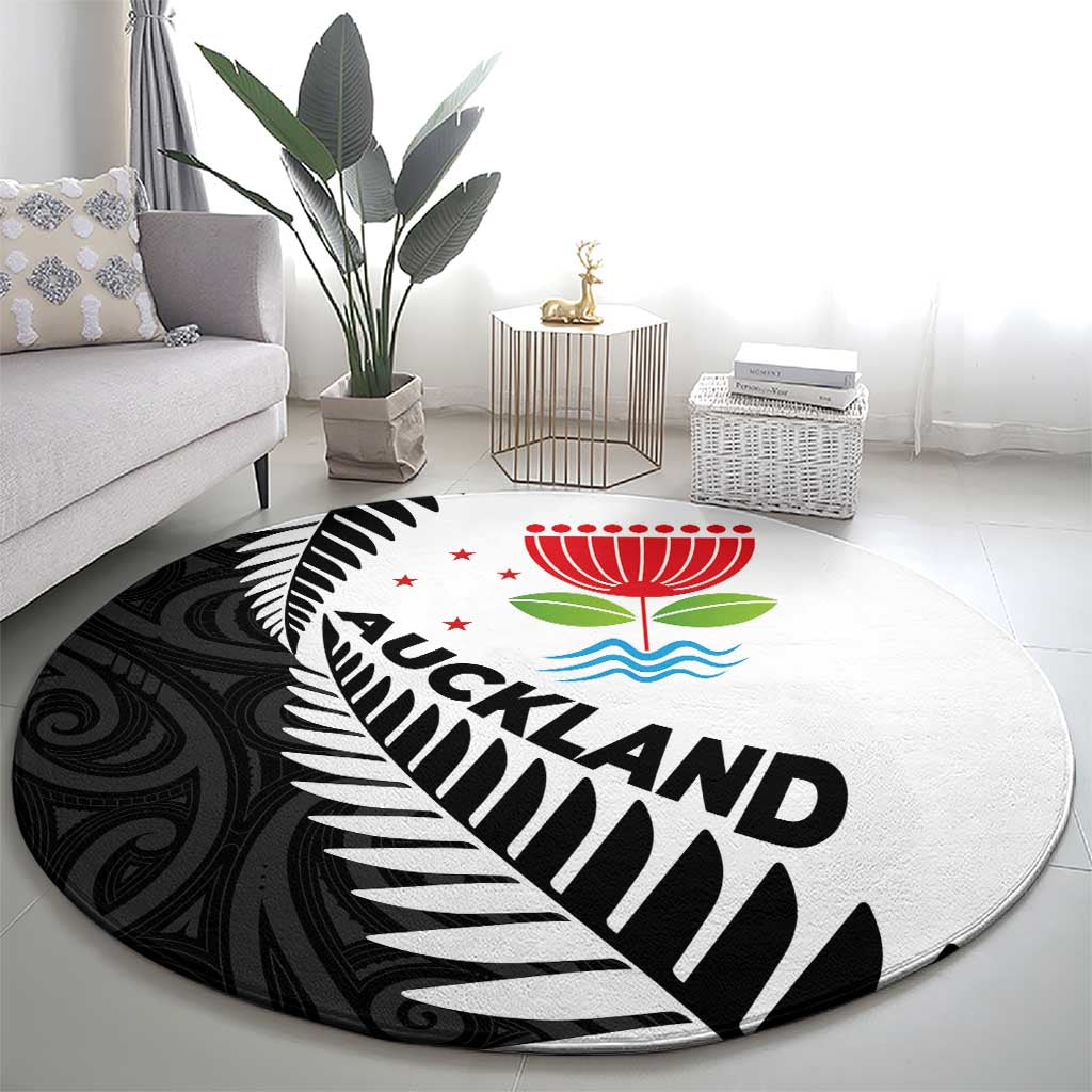 New Zealand Auckland Round Carpet Auckland's Emblem and Silver Ferns - Maori Art Tattoo LT03 - Polynesian Pride