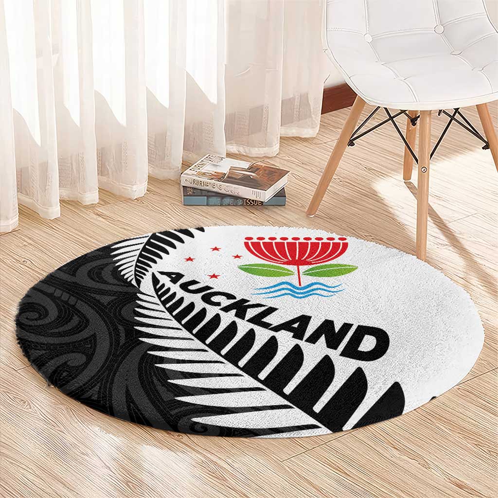 New Zealand Auckland Round Carpet Auckland's Emblem and Silver Ferns - Maori Art Tattoo LT03 - Polynesian Pride