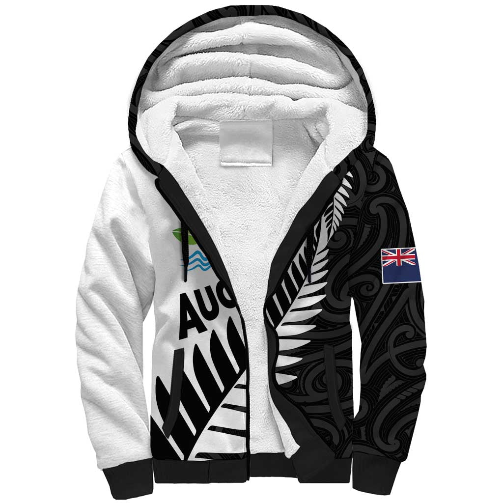 New Zealand Auckland Sherpa Hoodie Auckland's Emblem and Silver Ferns - Maori Art Tattoo LT03 Unisex Light Blue - Polynesian Pride