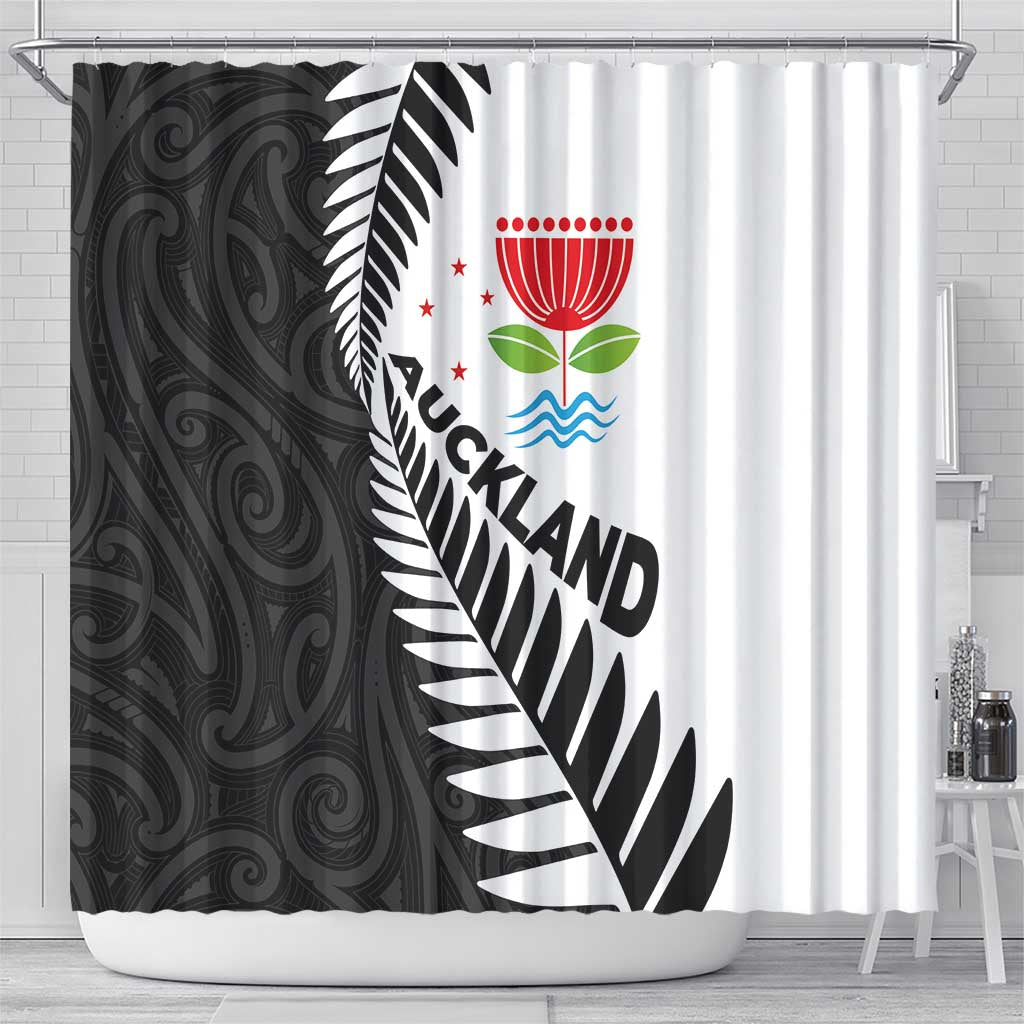 New Zealand Auckland Shower Curtain Auckland's Emblem and Silver Ferns - Maori Art Tattoo LT03 - Polynesian Pride