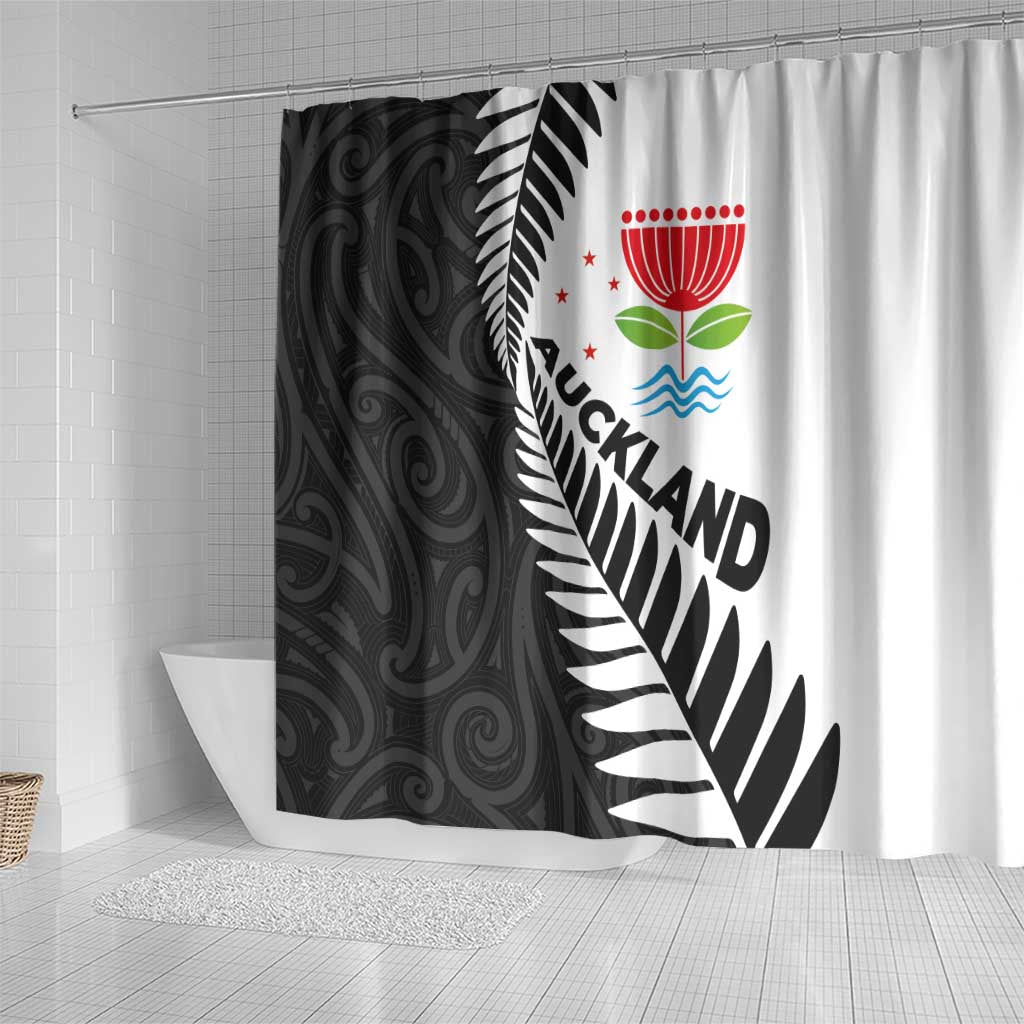 New Zealand Auckland Shower Curtain Auckland's Emblem and Silver Ferns - Maori Art Tattoo LT03 - Polynesian Pride