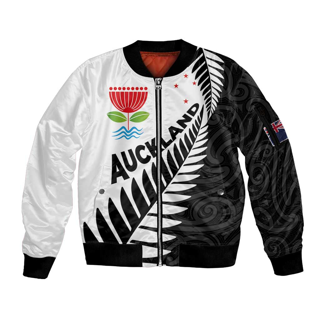 New Zealand Auckland Sleeve Zip Bomber Jacket Auckland's Emblem and Silver Ferns - Maori Art Tattoo LT03 Unisex Light Blue - Polynesian Pride
