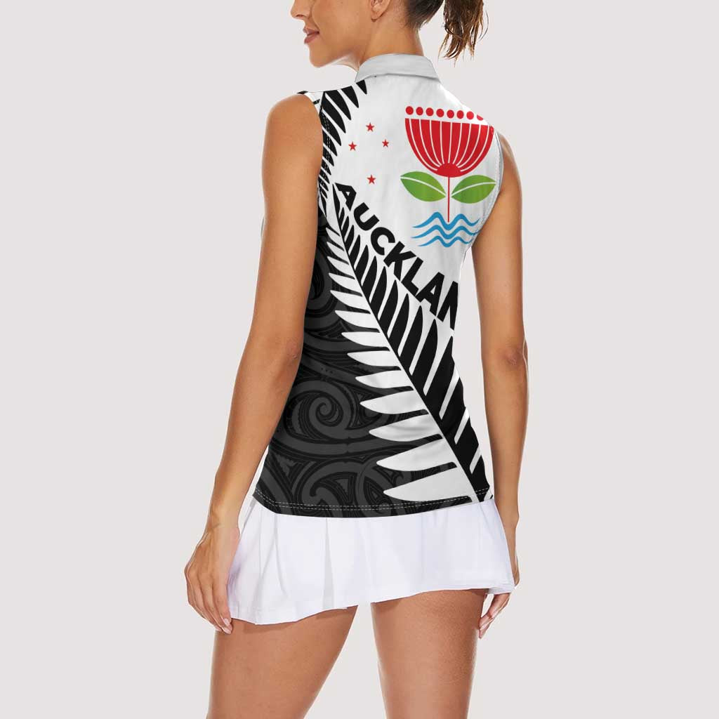 New Zealand Auckland Women Sleeveless Polo Shirt Auckland's Emblem and Silver Ferns - Maori Art Tattoo LT03 - Polynesian Pride