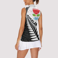 New Zealand Auckland Women Sleeveless Polo Shirt Auckland's Emblem and Silver Ferns - Maori Art Tattoo LT03 - Polynesian Pride
