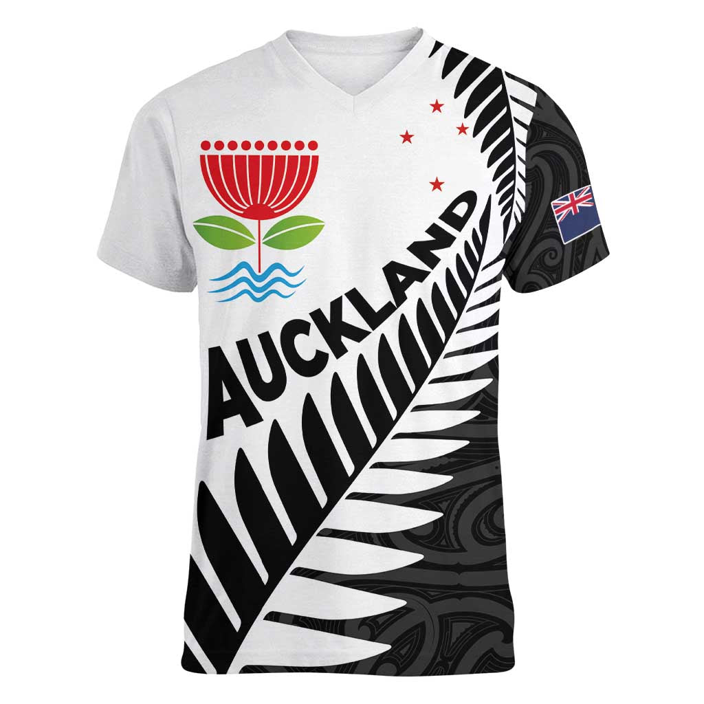 New Zealand Auckland Women V-Neck T-Shirt Auckland's Emblem and Silver Ferns - Maori Art Tattoo LT03 Female Light Blue - Polynesian Pride
