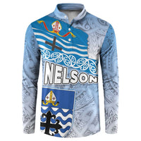 New Zealand Nelson Button Sweatshirt Nelson's Flag and Seal - Maori Art Tattoo LT03 White - Polynesian Pride