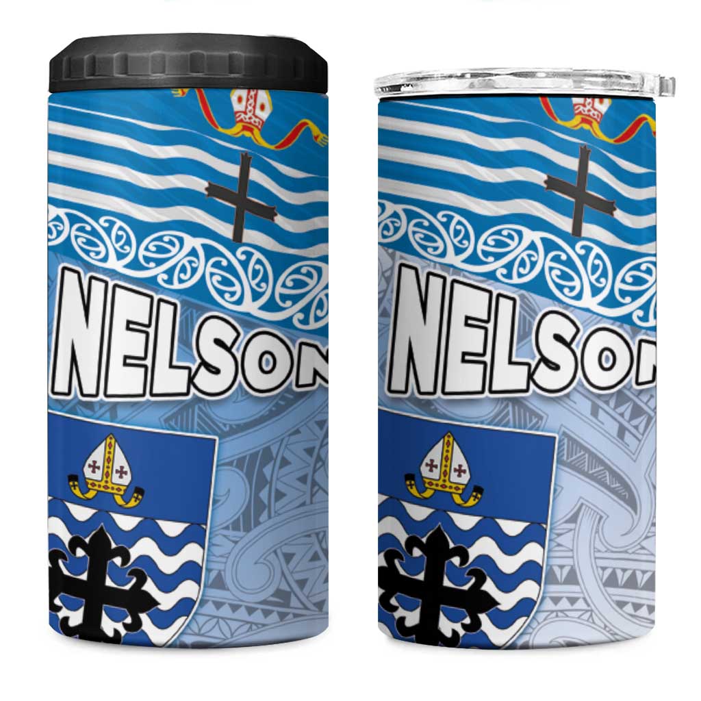 New Zealand Nelson 4 in 1 Can Cooler Tumbler Nelson's Flag and Seal - Maori Art Tattoo LT03 One Size: 16 oz White - Polynesian Pride