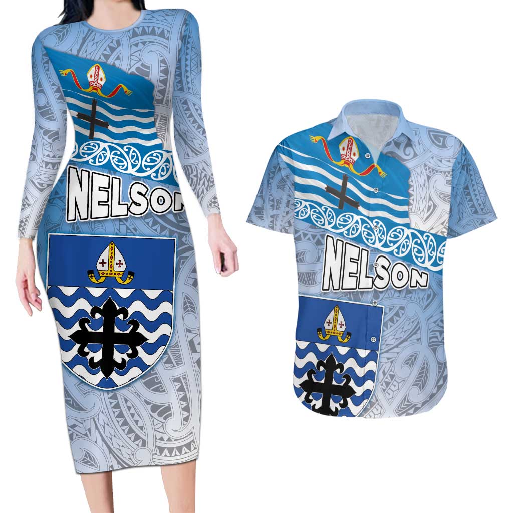 New Zealand Nelson Couples Matching Long Sleeve Bodycon Dress and Hawaiian Shirt Nelson's Flag and Seal - Maori Art Tattoo LT03 White - Polynesian Pride