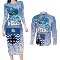 New Zealand Nelson Couples Matching Long Sleeve Bodycon Dress and Long Sleeve Button Shirt Nelson's Flag and Seal - Maori Art Tattoo LT03 White - Polynesian Pride