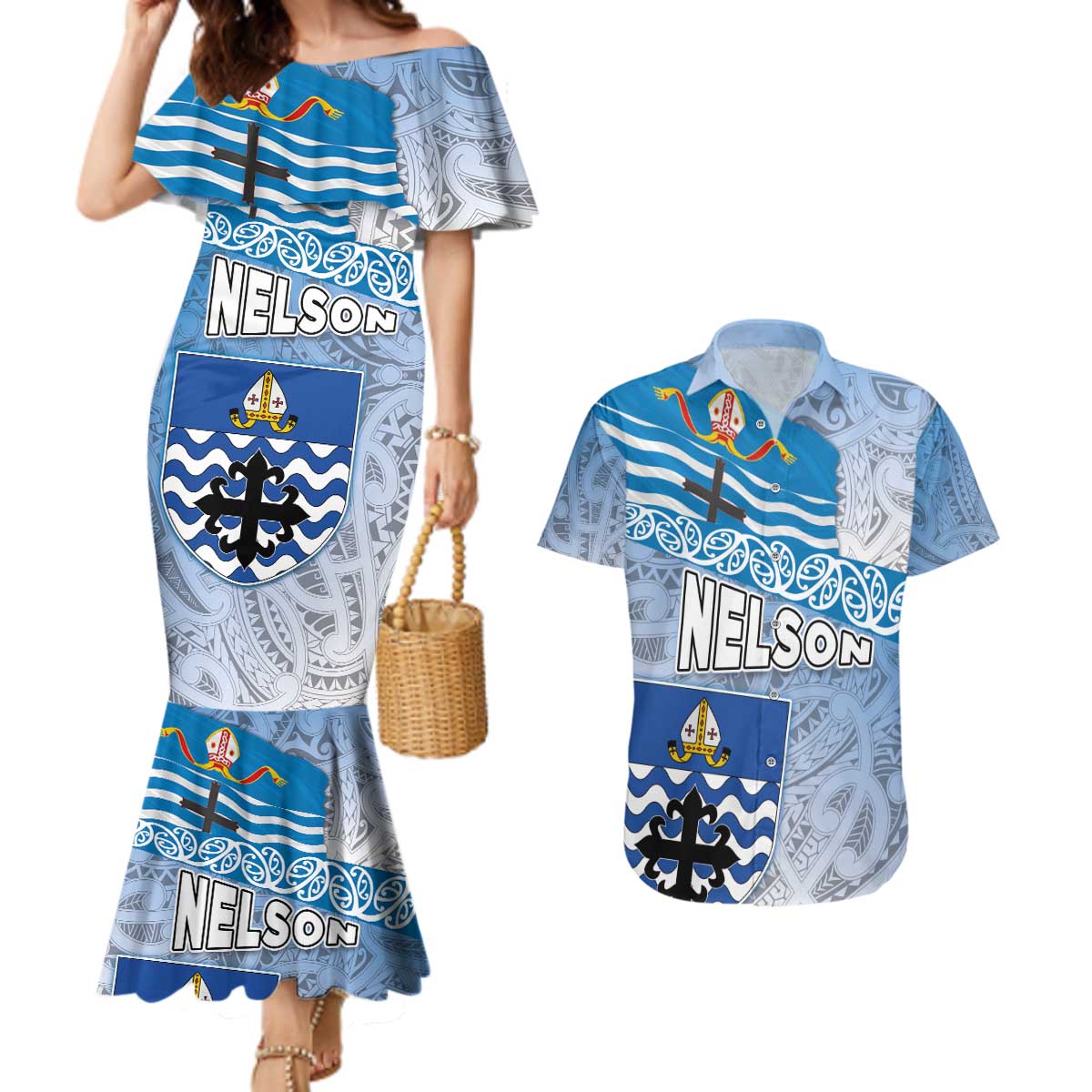 New Zealand Nelson Couples Matching Mermaid Dress and Hawaiian Shirt Nelson's Flag and Seal - Maori Art Tattoo LT03 White - Polynesian Pride