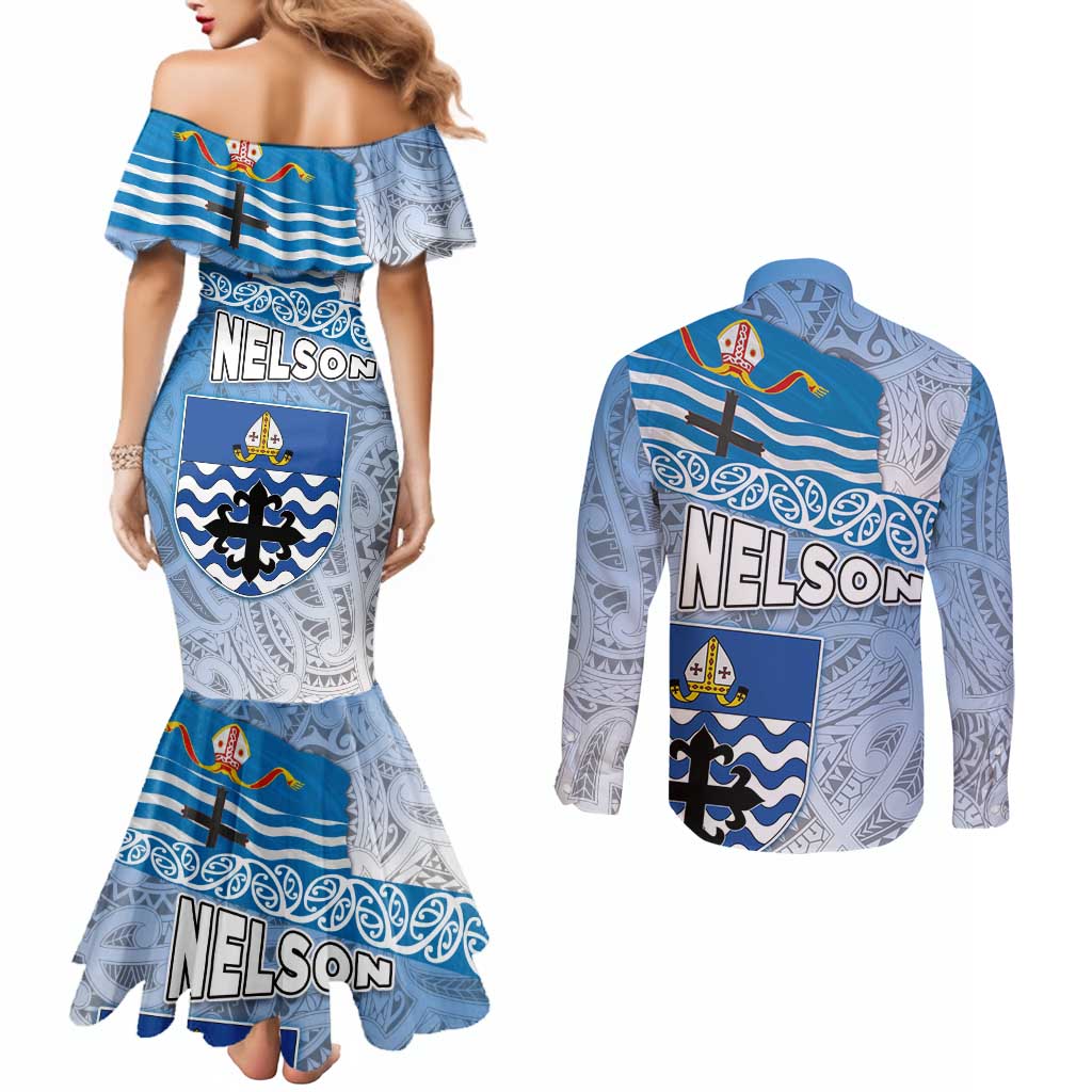 New Zealand Nelson Couples Matching Mermaid Dress and Long Sleeve Button Shirt Nelson's Flag and Seal - Maori Art Tattoo LT03 - Polynesian Pride