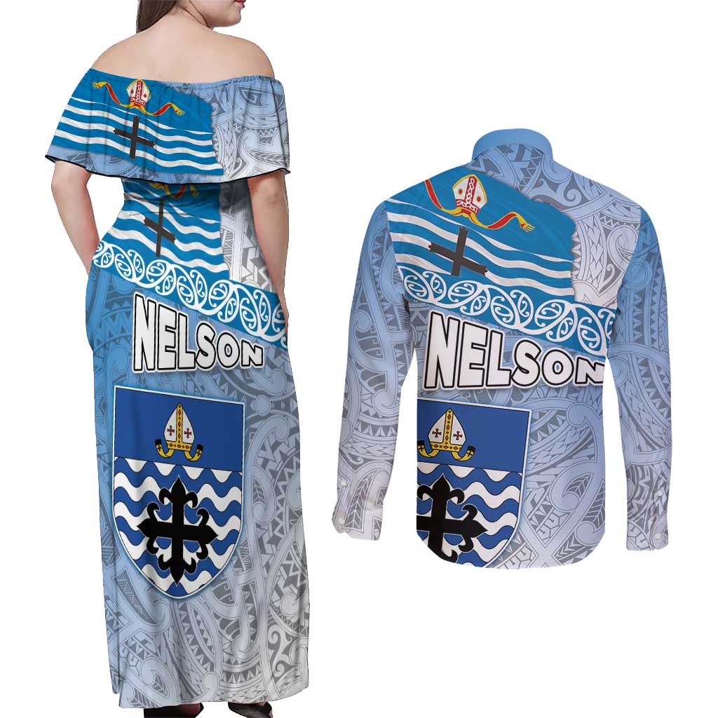 New Zealand Nelson Couples Matching Off Shoulder Maxi Dress and Long Sleeve Button Shirt Nelson's Flag and Seal - Maori Art Tattoo LT03 - Polynesian Pride