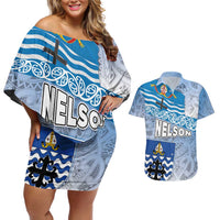 New Zealand Nelson Couples Matching Off Shoulder Short Dress and Hawaiian Shirt Nelson's Flag and Seal - Maori Art Tattoo LT03 White - Polynesian Pride