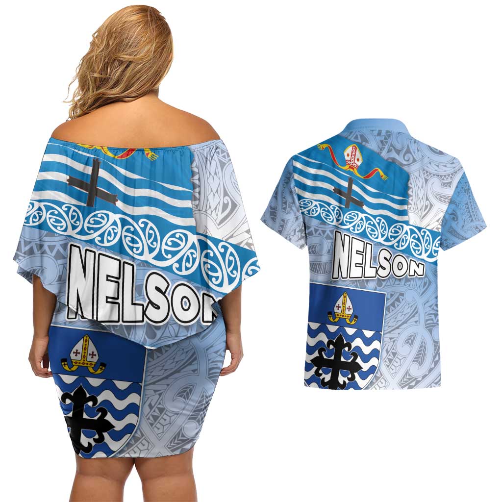 New Zealand Nelson Couples Matching Off Shoulder Short Dress and Hawaiian Shirt Nelson's Flag and Seal - Maori Art Tattoo LT03 - Polynesian Pride