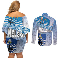 New Zealand Nelson Couples Matching Off Shoulder Short Dress and Long Sleeve Button Shirt Nelson's Flag and Seal - Maori Art Tattoo LT03 - Polynesian Pride