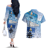 New Zealand Nelson Couples Matching Off The Shoulder Long Sleeve Dress and Hawaiian Shirt Nelson's Flag and Seal - Maori Art Tattoo LT03 - Polynesian Pride