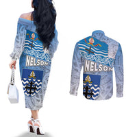 New Zealand Nelson Couples Matching Off The Shoulder Long Sleeve Dress and Long Sleeve Button Shirt Nelson's Flag and Seal - Maori Art Tattoo LT03 - Polynesian Pride