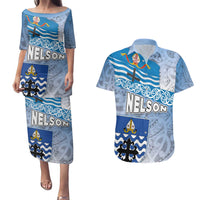 New Zealand Nelson Couples Matching Puletasi and Hawaiian Shirt Nelson's Flag and Seal - Maori Art Tattoo LT03 White - Polynesian Pride