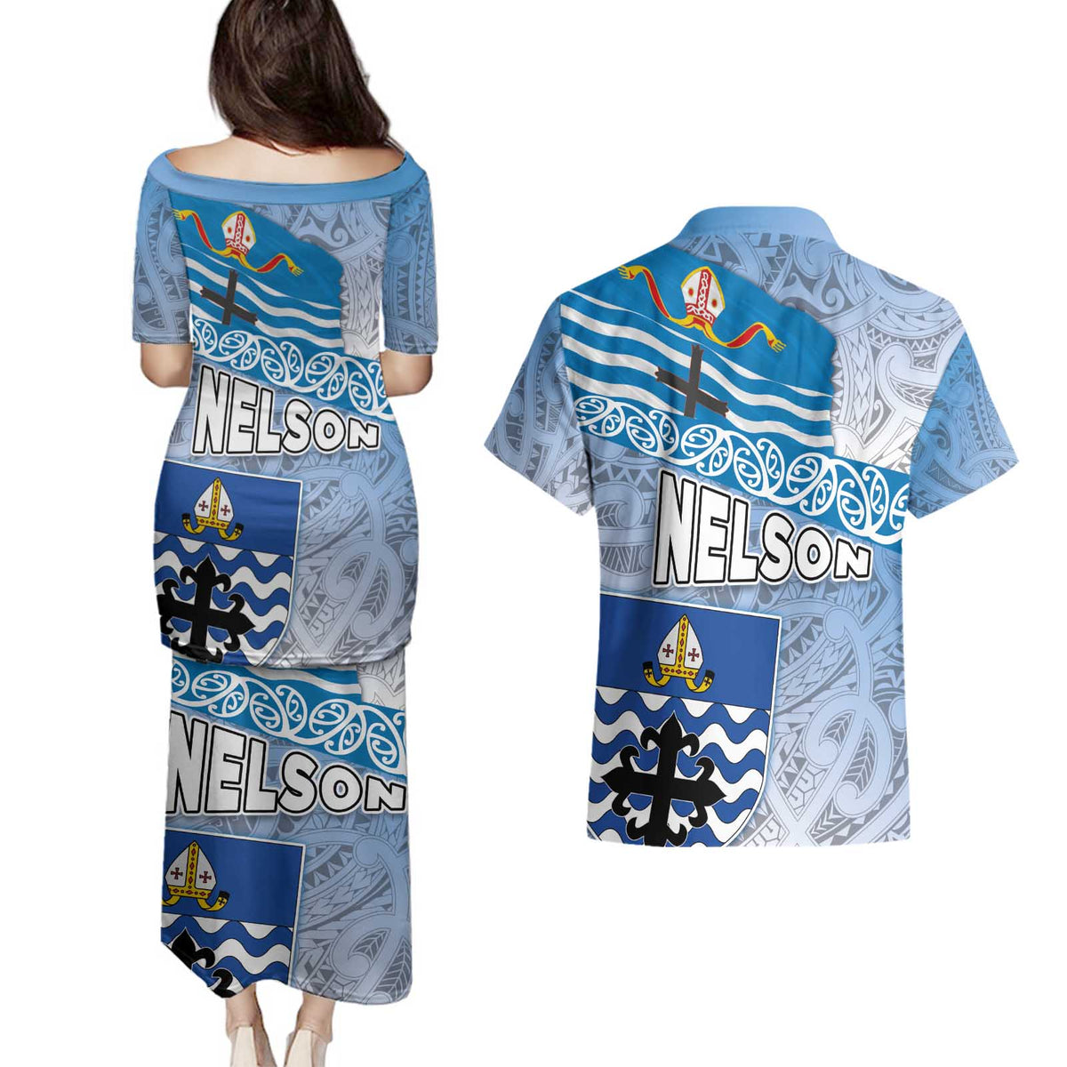 New Zealand Nelson Couples Matching Puletasi and Hawaiian Shirt Nelson's Flag and Seal - Maori Art Tattoo LT03 - Polynesian Pride